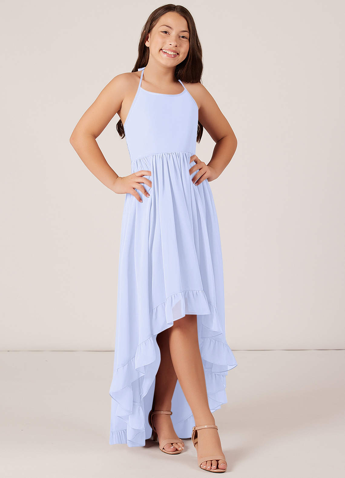 Azazie Sarafina Junior Robe Trapèze en Mousseline de soie Dentelle Lavande image1