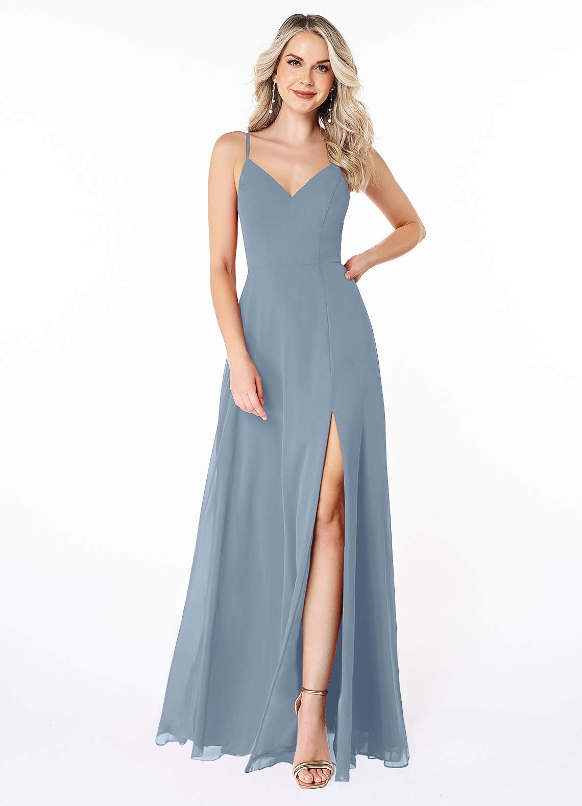 Azazie Lena Bridesmaid Dresses Dusty Blue A-Line Lace Chiffon Dress image1