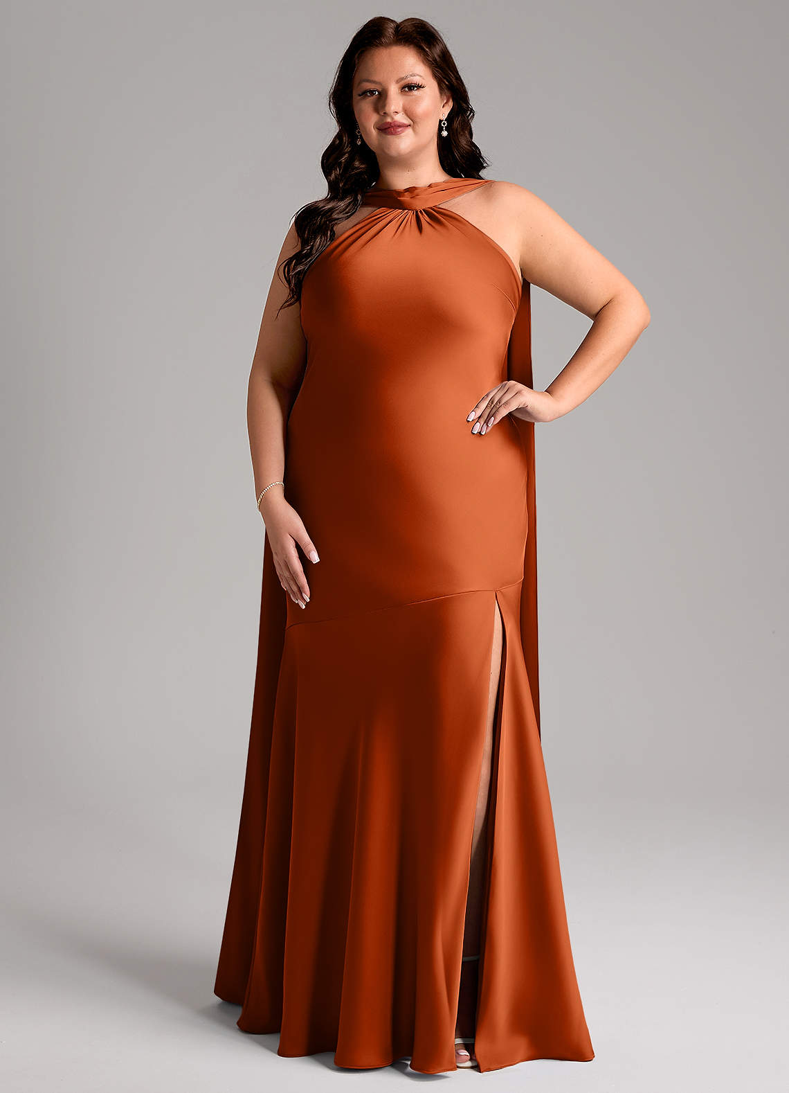Azazie Kinsley Bridesmaid Dresses Burnt Orange Mermaid Side Slit Stretch Satin Dress image1