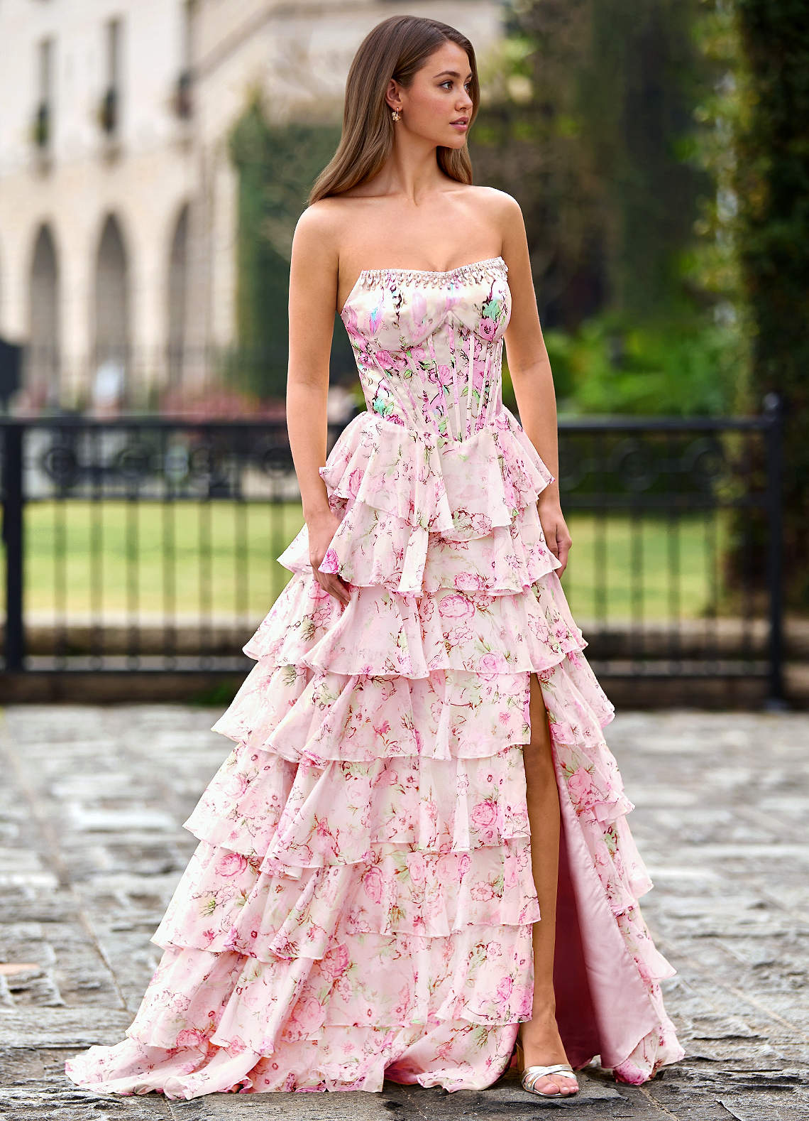 strapless open back dress 2026 Corset Floral Pink Prom Dresses Sweetheart Layered Ruffle Skirt –  MyChicDress main image 1