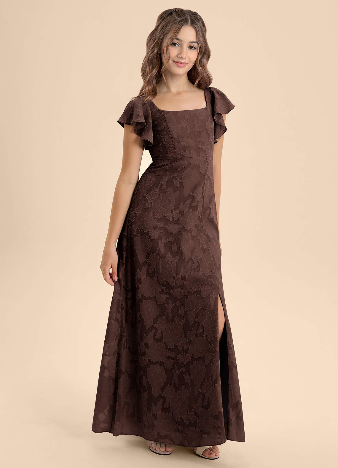 Azazie Bondi Junior Ganache A-Line Bow Floral Burnout Dress image4