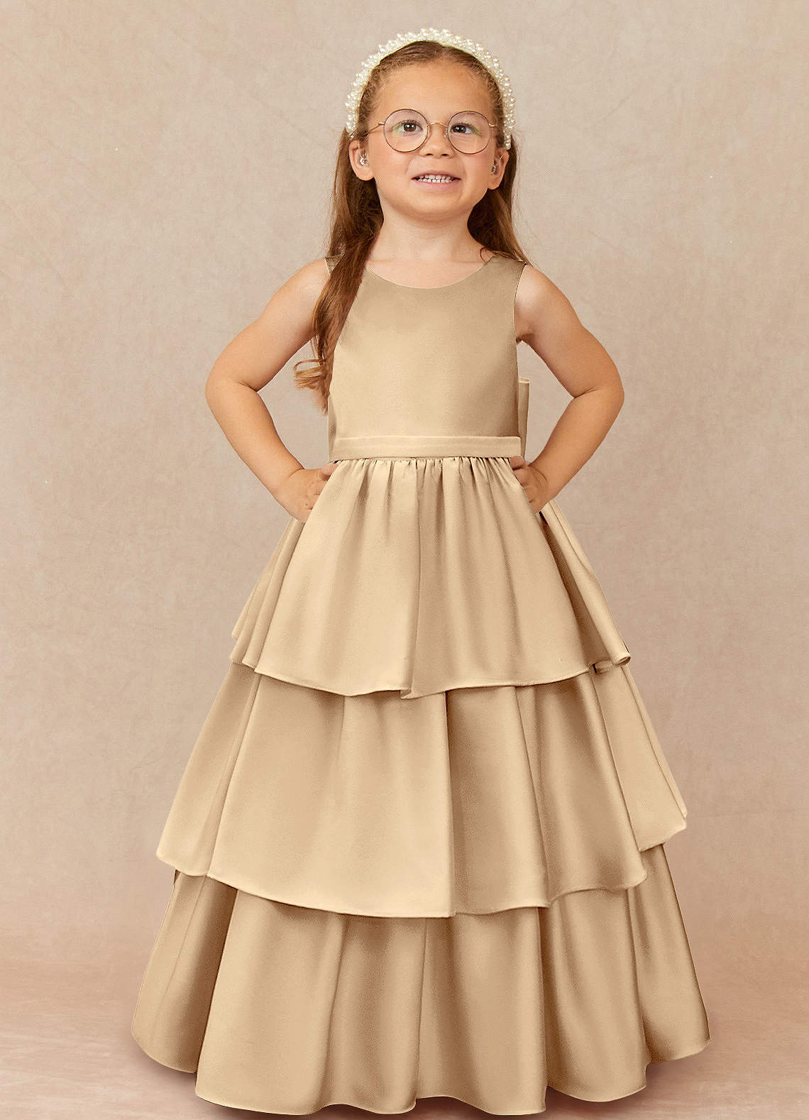 Azazie Margie Flower Girl Dresses Champagne A-Line Bow Stretch Satin Dress image1