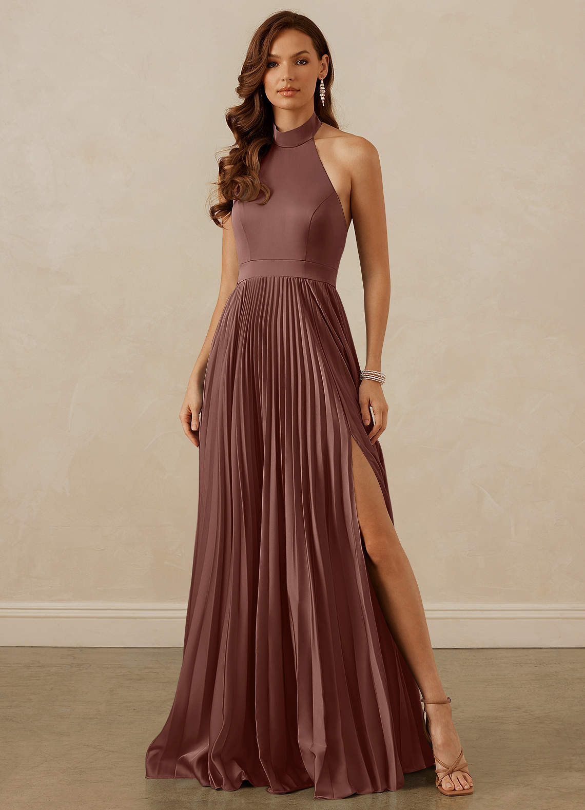 Christian Siriano Bridal for Azazie 1007 Bridesmaid Dresses Espresso A-Line Pleated Stretch Satin Dress image1
