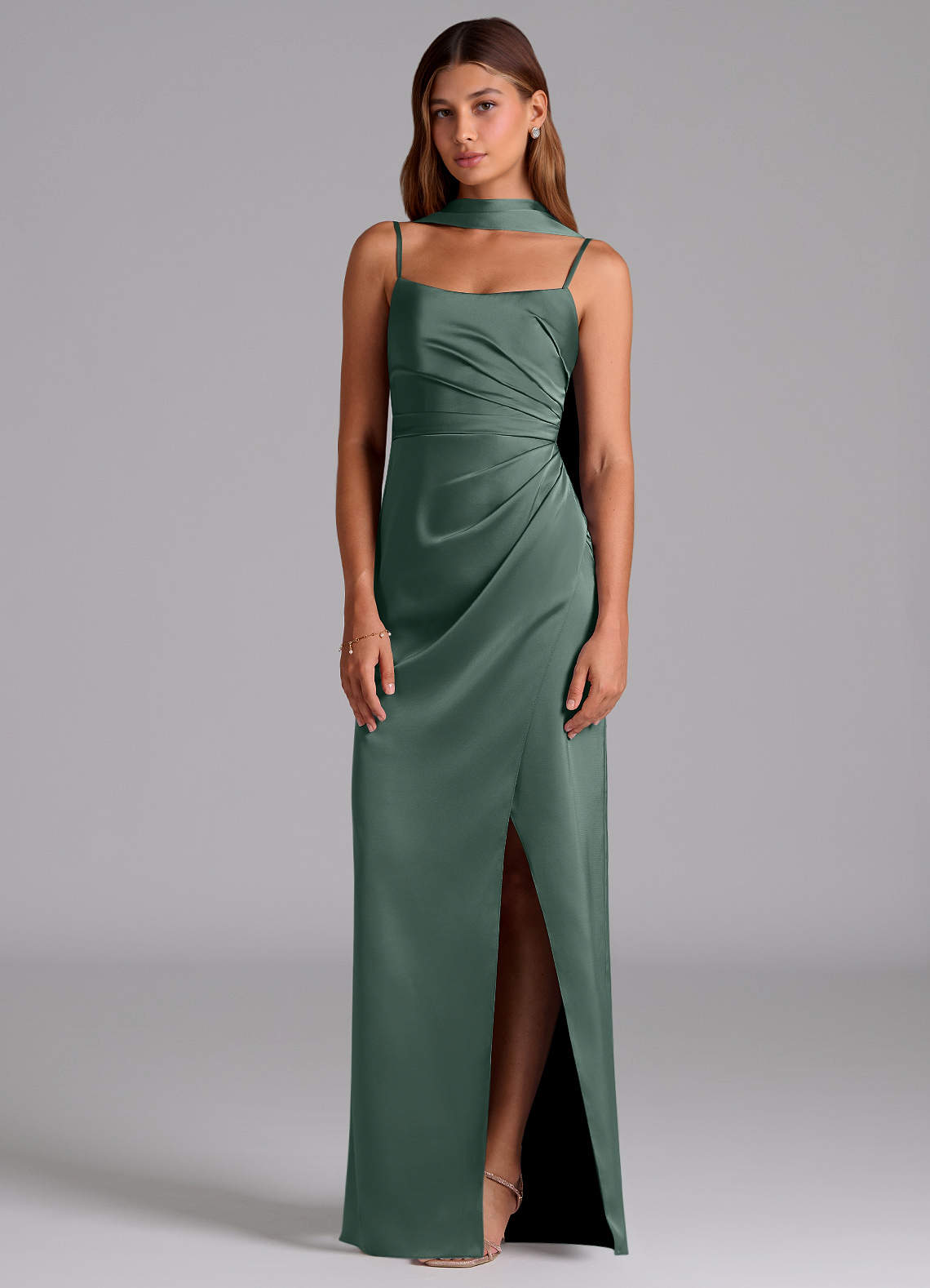 Azazie Calandra Kjoler til hjemmeprøvning En streg Plisseret Stræk satin Gulv-længde Kjole image2