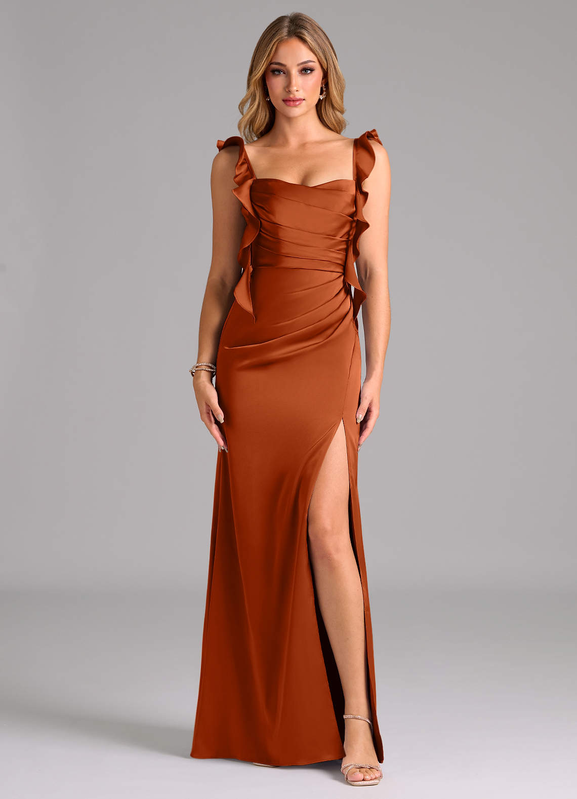 Azazie Jessamine Bridesmaid Dresses Burnt Orange Sheath Corset Stretch Satin Dress image2