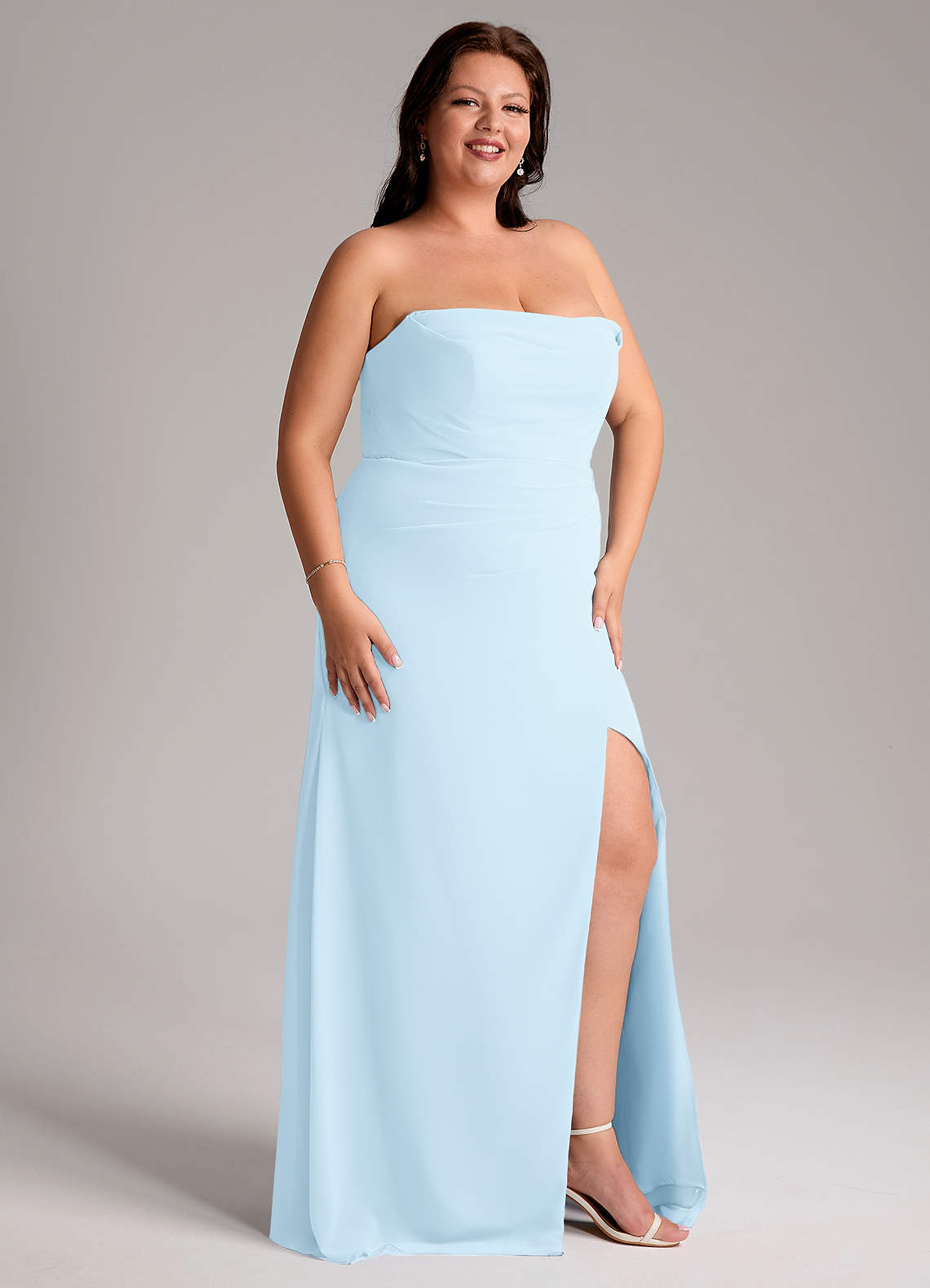 Azazie Leonis At-home Try On Dresses Sky Blue Sheath Strapless Chiffon Convertible Dress image13