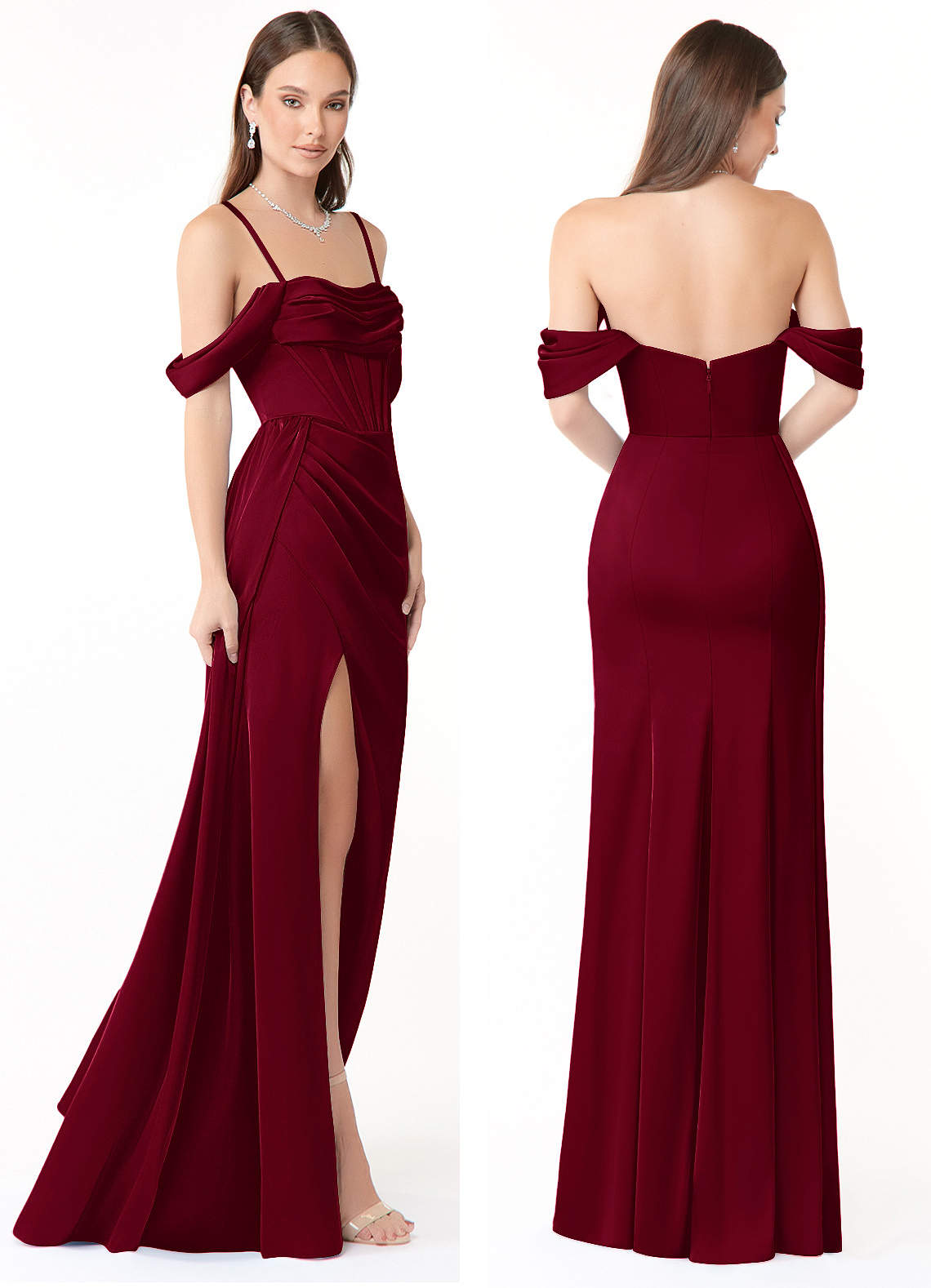 Azazie Amyra At-home Try On Dresses Burgundy Sheath Off the Shoulder Stretch Satin Convertible Dress image8