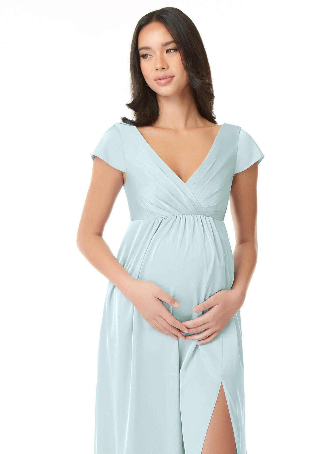 Azazie Allessia vestidos de dama de honor de maternidad Vestido de Corte en A Plisado Hasta el suelo Satén Elástico image4