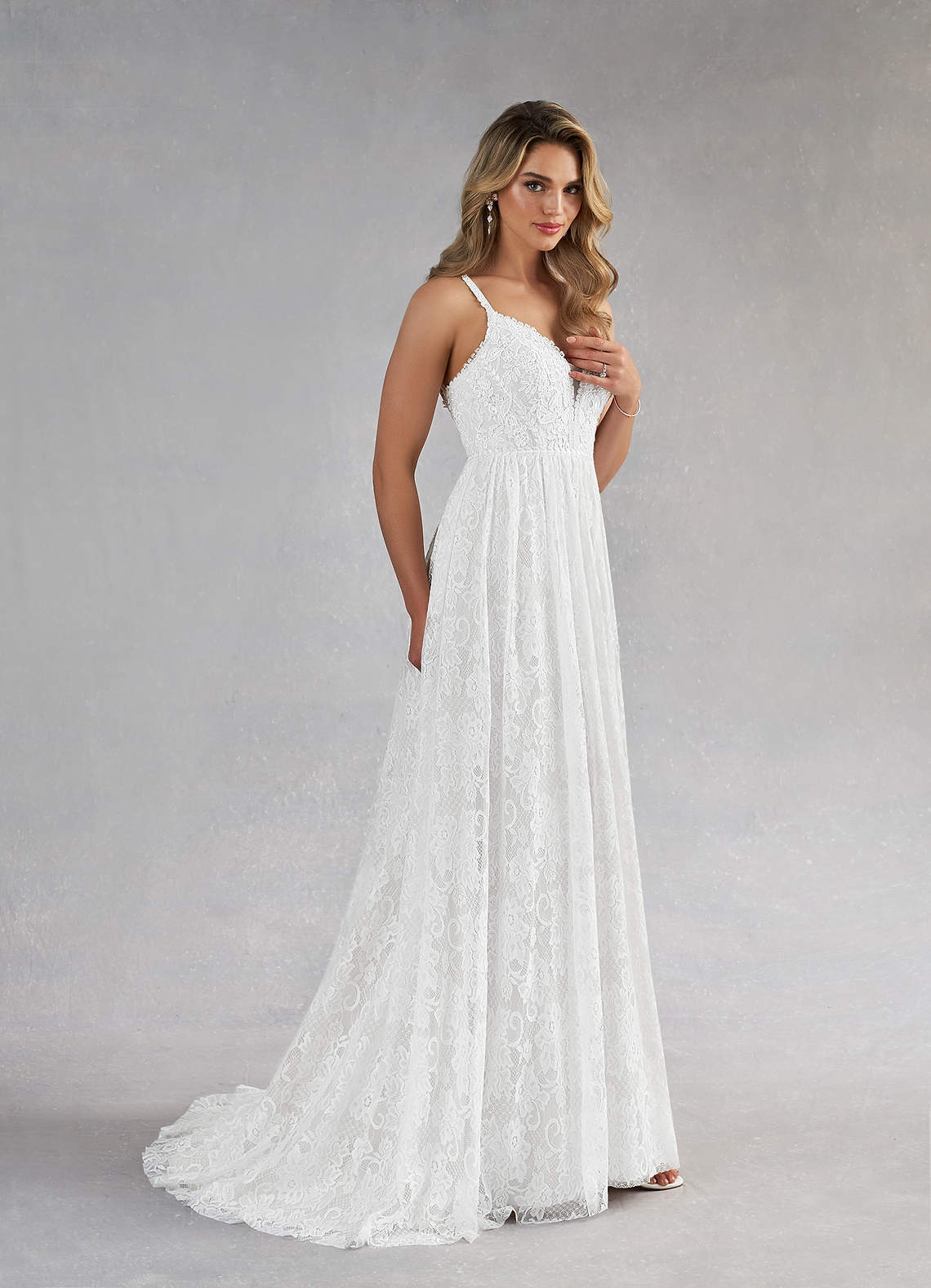 Azazie August Wedding Dresses Diamond White A-Line Lace Dress image2