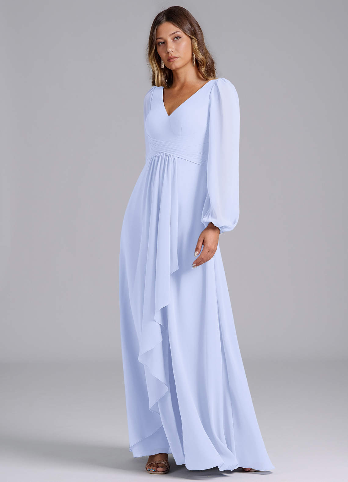 Azazie A-Line V-Neck Long Sleeve Floor-Length Chiffon Bridesmaid Dresses - Lavender
