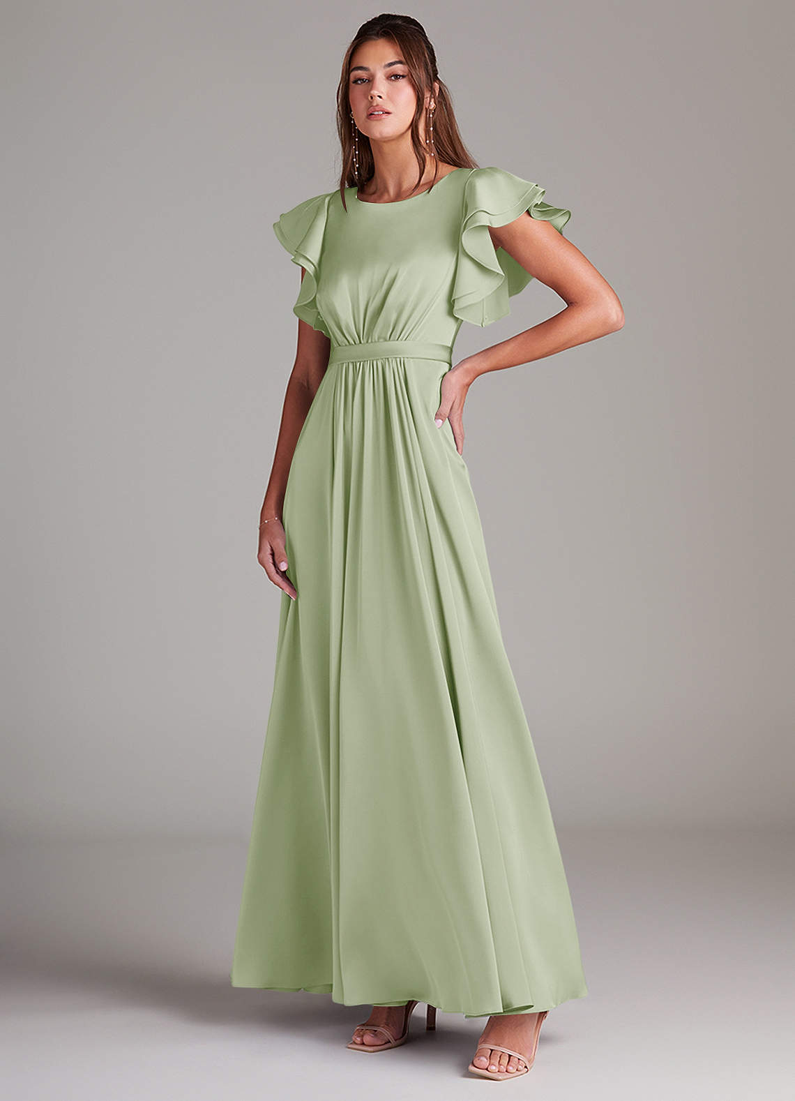 Azazie Daphne Modest Bridesmaid Dresses A-Line Ruched Stretch Satin Floor-Length Dress image3