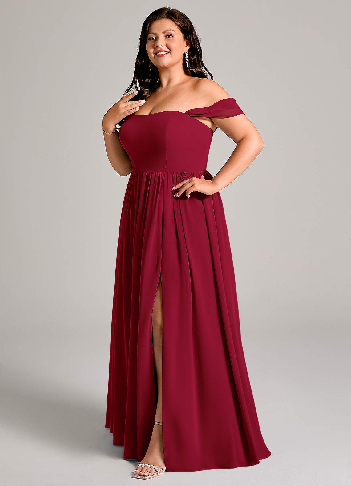Azazie Calianna Bridesmaid Dresses Burgundy A-Line Off the Shoulder Chiffon Convertible Dress image1