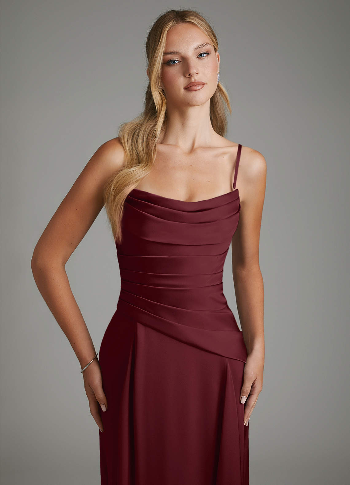 Azazie Gabriela Bridesmaid Dresses Cabernet A-Line Corset Stretch Satin Dress image2