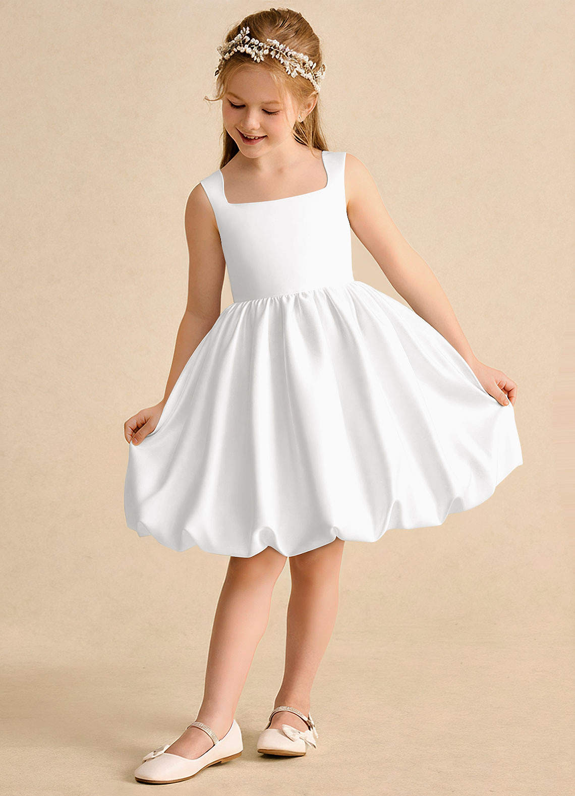 Azazie Nirvana Robe Demoiselle D'honneur Fillette Robe Princesse en Mat Satiné Rayé Blanc image2