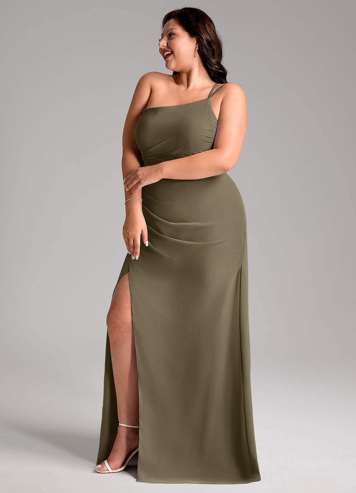 Azazie Eren Jurken voor bruidsmeisjes Jurk van Chiffon met Kolom One-Shoulder Wilgengroen image10