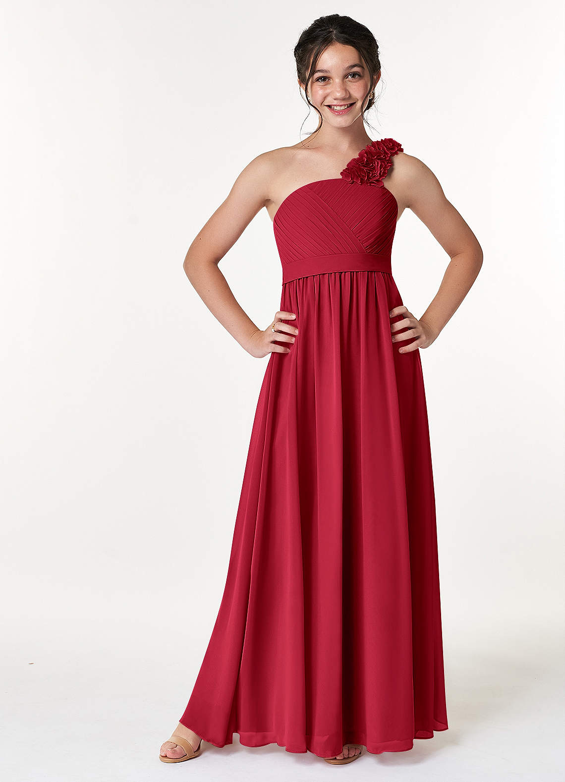 Azazie Flower Junior Scarlet A-Line Pleated Chiffon Dress image1