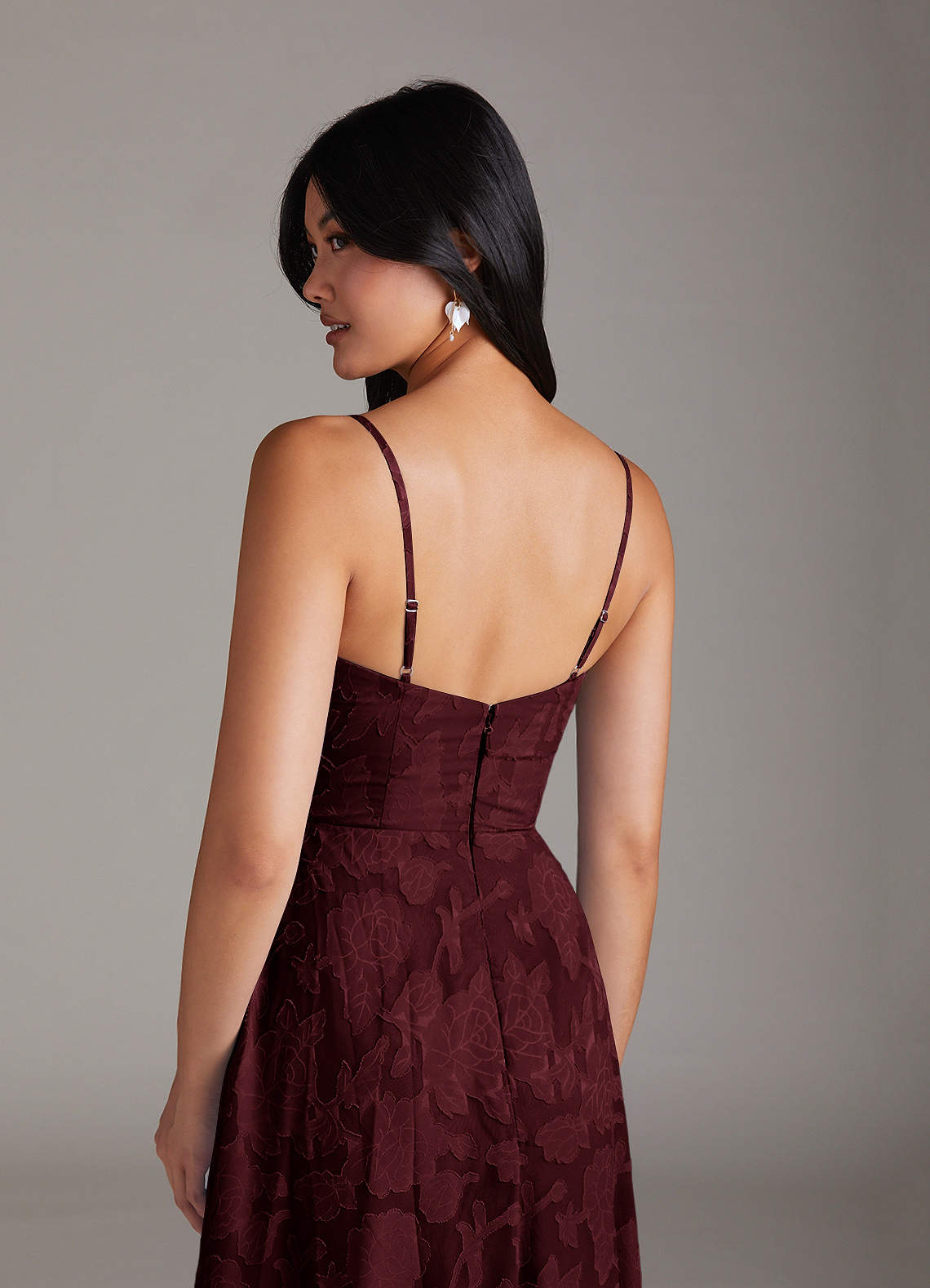 Azazie Moira Bridesmaid Dresses Cabernet A-Line Side Slit Floral Burnout Dress image5