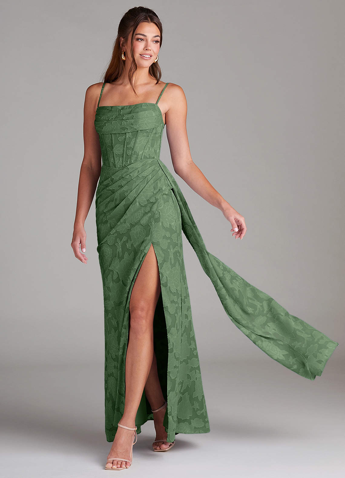 Azazie Denisa Bridesmaid Dresses Eucalyptus Sheath Pleated Floral Burnout Dress image1