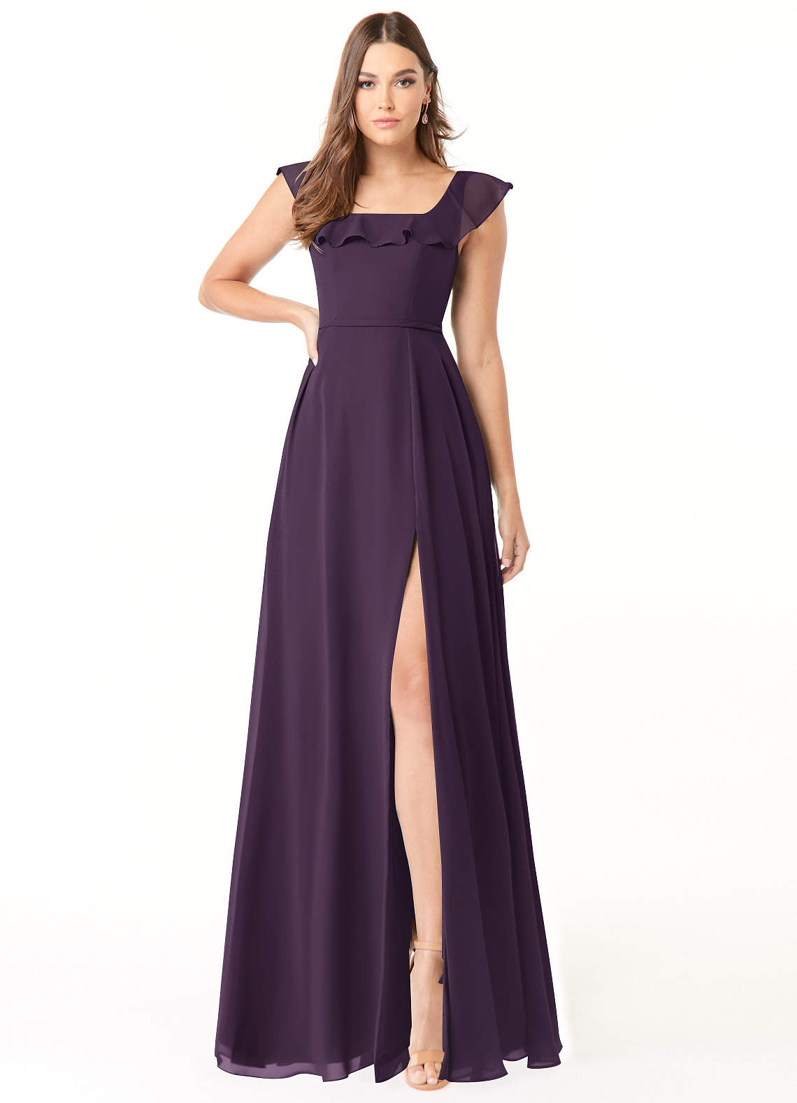 Azazie Jinny Brautjungfernkleider A-Linie Quadratischer Ausschnitt Gerüscht Chiffon Kleid Pflaume image1