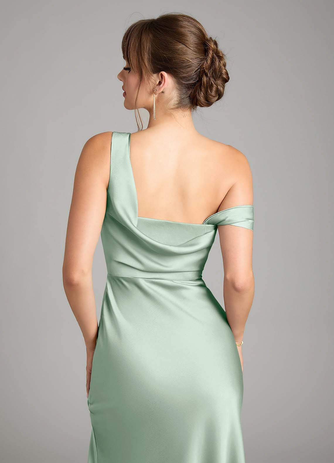 Azazie Madelyn Kjoler til hjemmeprøvning Havfrue En skulder Stræk satin Gulv-længde Kjole image6