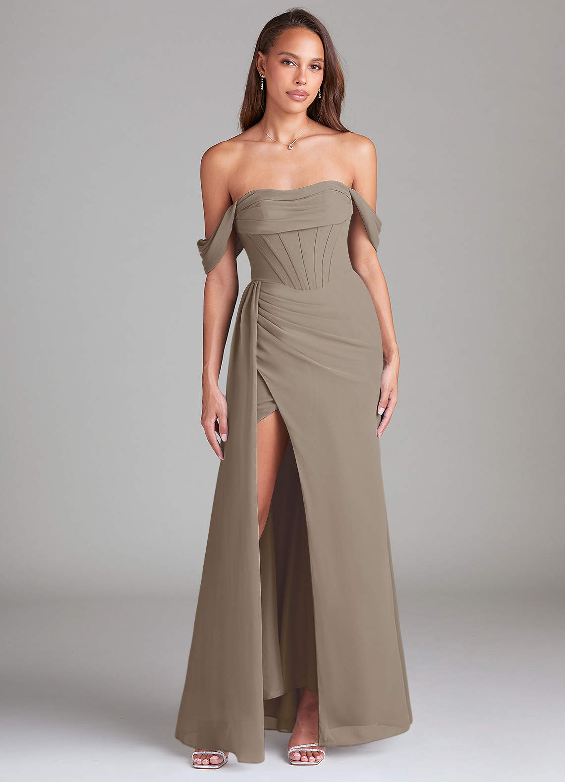 Azazie Amyra Bridesmaid Dresses Taupe Sheath Off the Shoulder Chiffon Convertible Dress image1