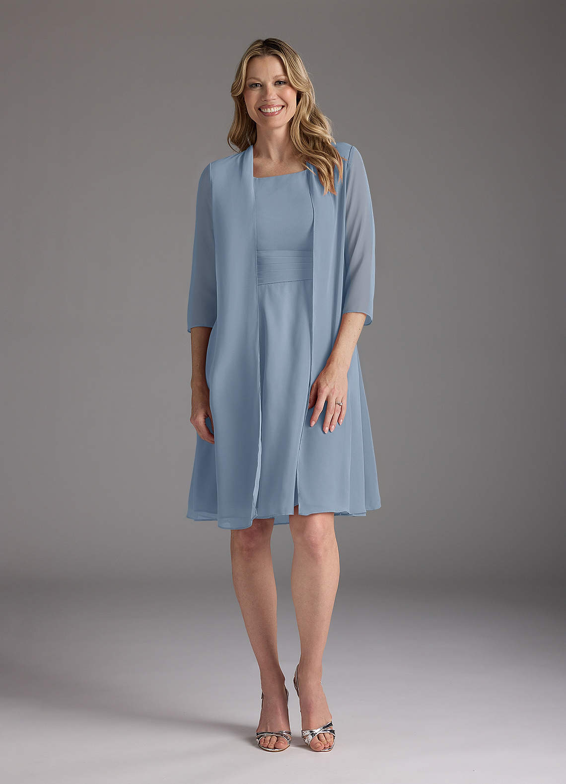 Azazie Shirley Mother of the Bride Dresses Dusty Blue A-Line Scoop Pleated Chiffon Dress image1
