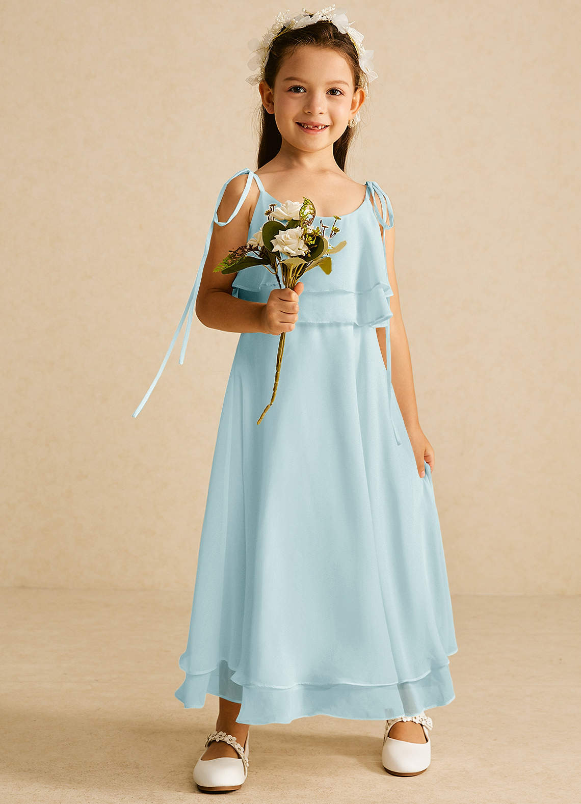 Azazie Temi Flower Girl Dresses Mist A-Line Spaghetti Strap Chiffon Dress image1