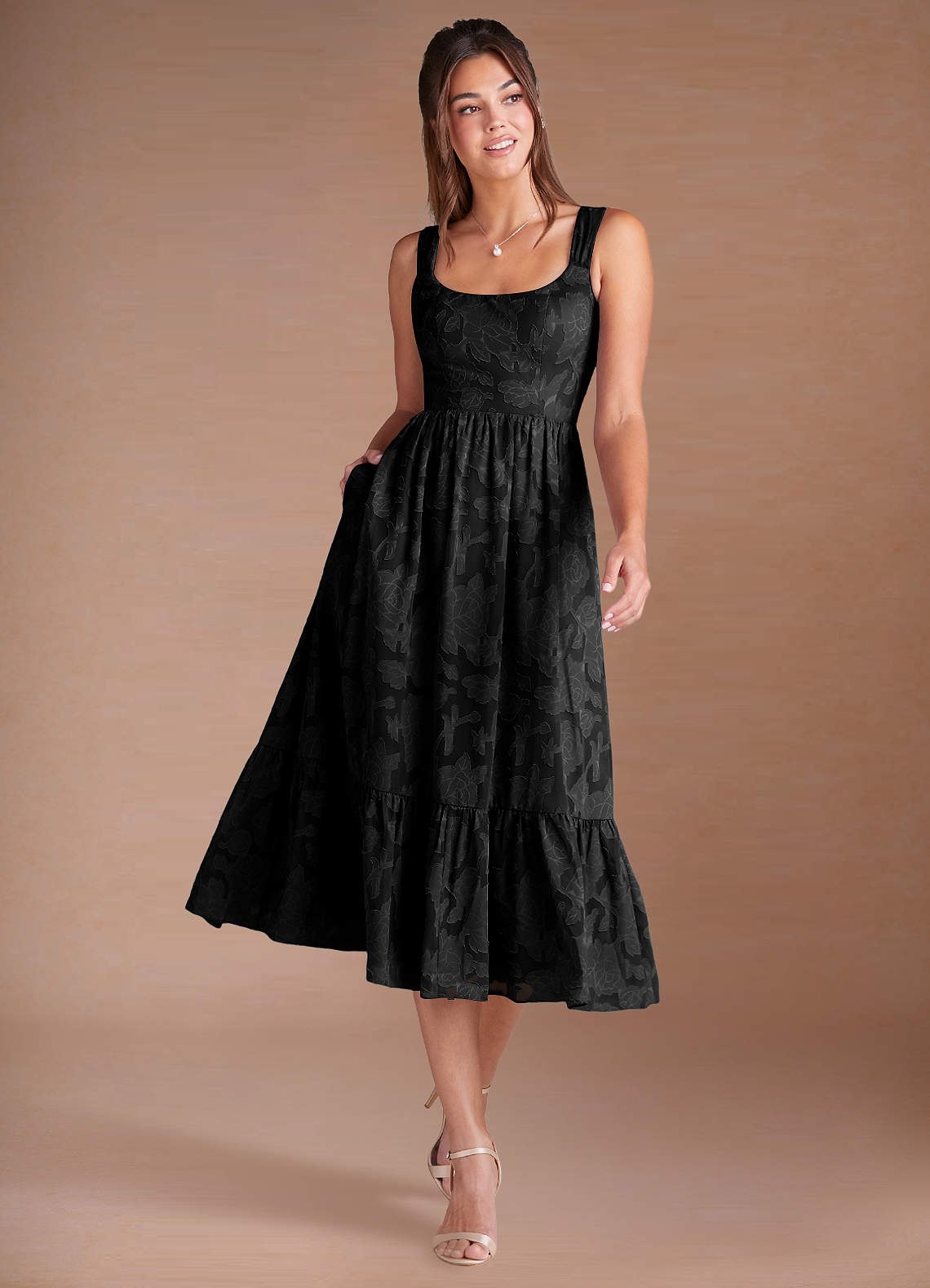 Azazie Midi Dresses A-Line Wedding Guest Semi-Formal Dresses Scoop Black