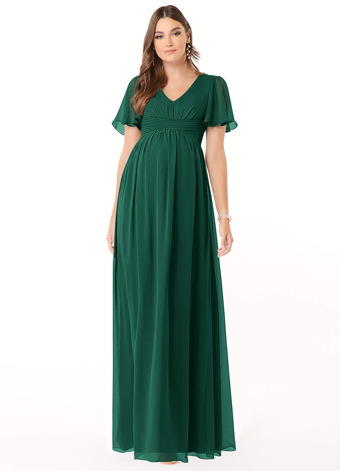 Azazie Verna Robes de demoiselle d'honneur de maternité Robe Trapèze Col V froncé Longueur ras du sol Mousseline de soie image1