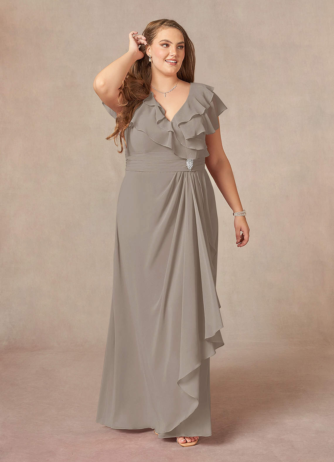 Azazie Snapdragon Taupe A-Line V-Neck Ruched Chiffon Dress | Azazie