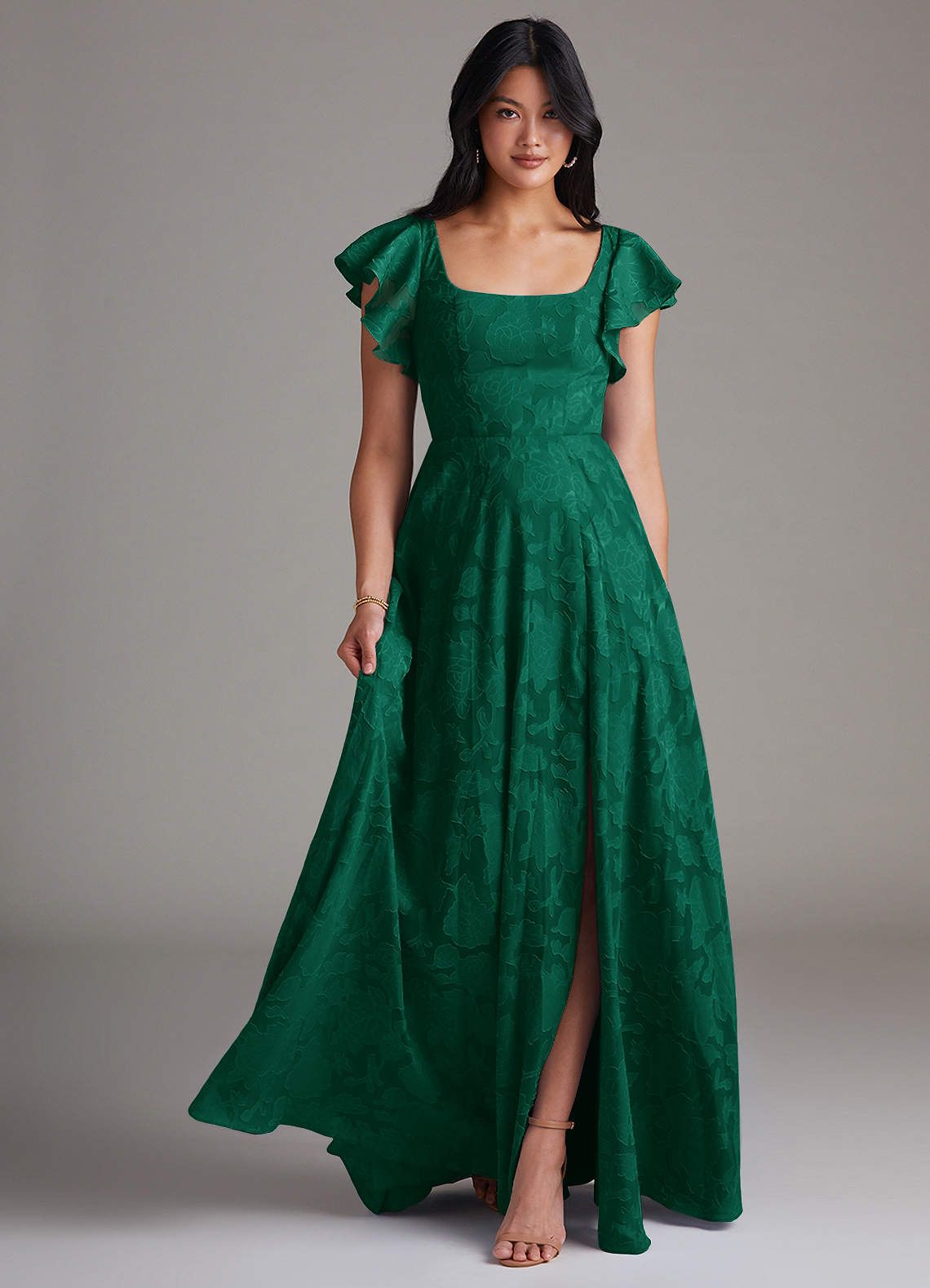 Azazie Bondi Bridesmaid Dresses Emerald A-Line Side Slit Floral Burnout Dress image1