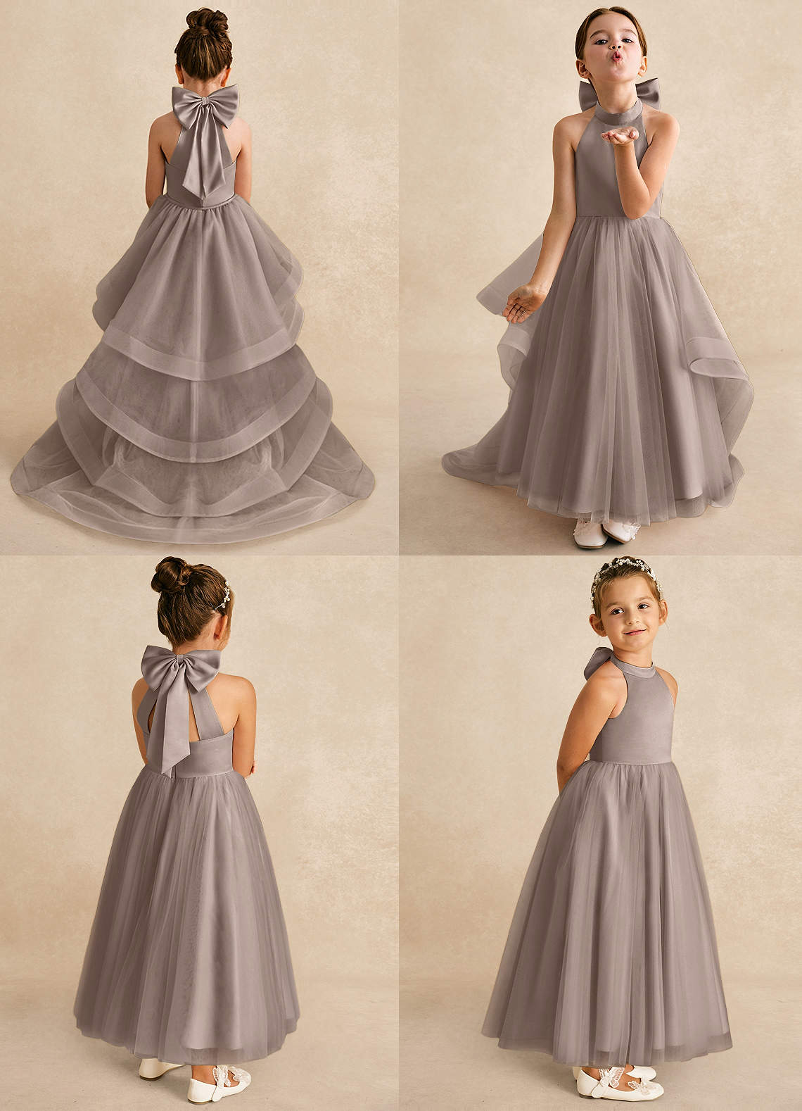 Azazie Bev vestidos de niña de las flores Vestido de Gris Pardo de Tul de Corte En A con Convertible image1