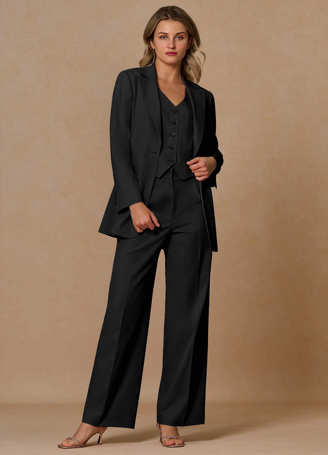 front Margaret Black Cotton Linen Blend 3-Piece Suit