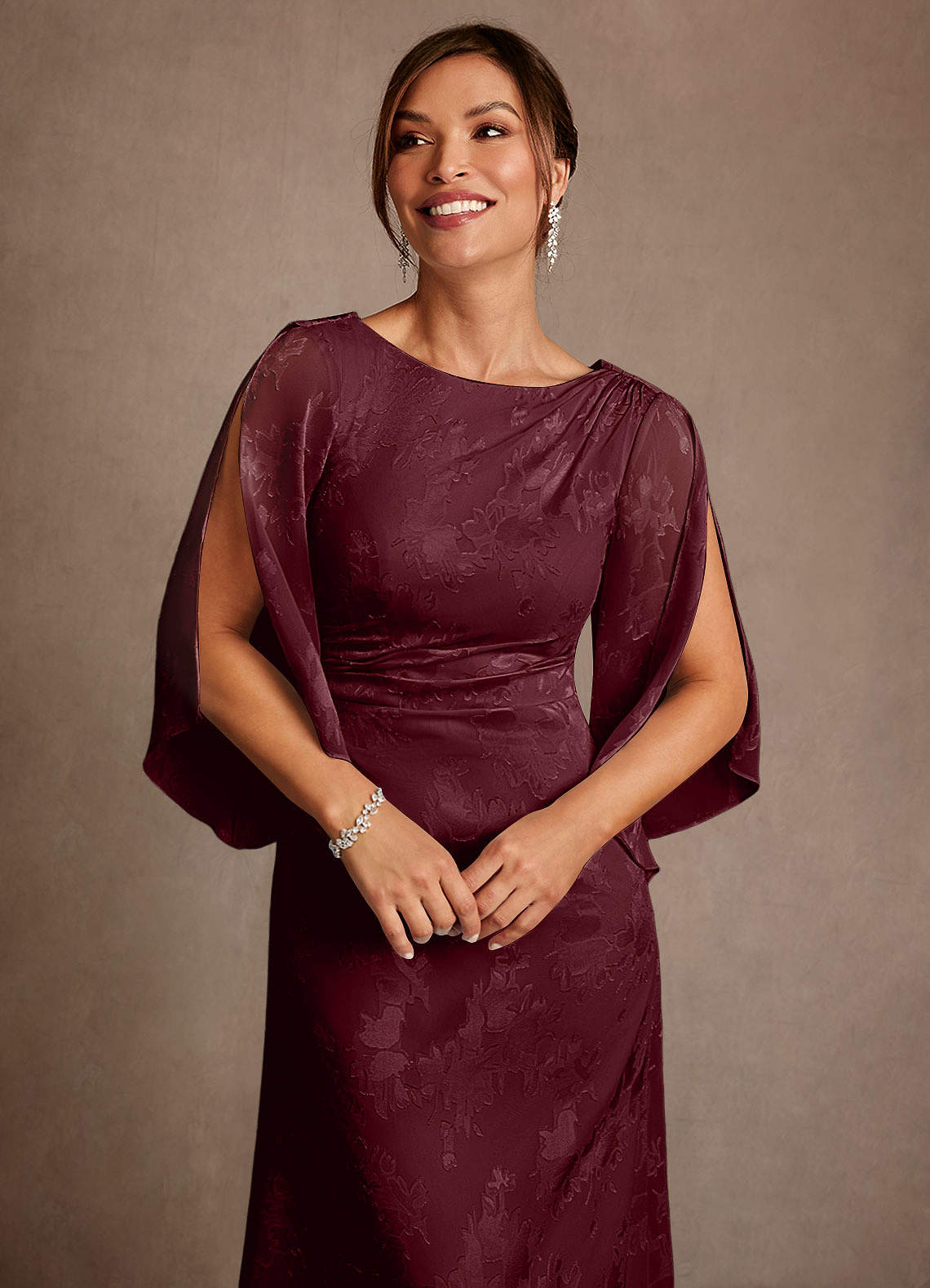 Azazie Anaheim Mother of the Bride Dresses Cabernet Sheath Pleated Floral Burnout Dress image4