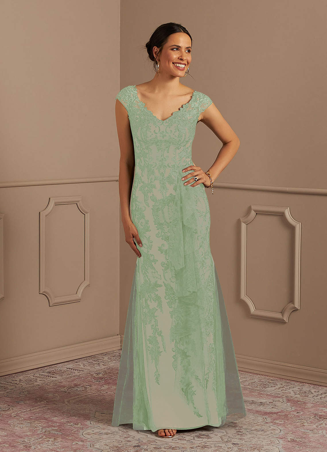 Azazie Melena Mère de la mariée Robes Robe Sirène en Tulle Dentelle Sauge Poudrée Champagne image1