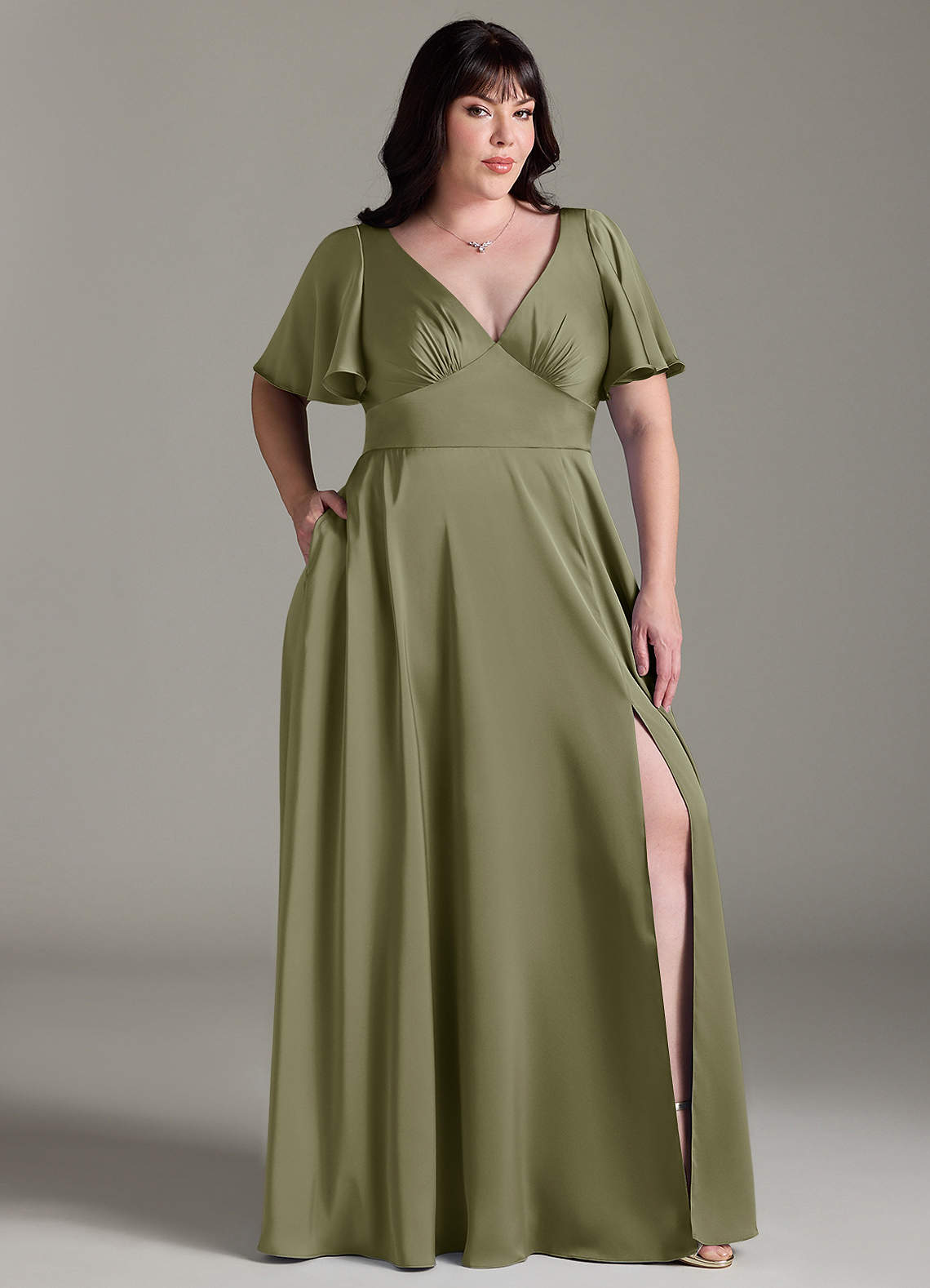 Azazie Kimber Brudtärnklänningar Klä av A-Linje i Stretch Satin Rynkad Pistasch image8