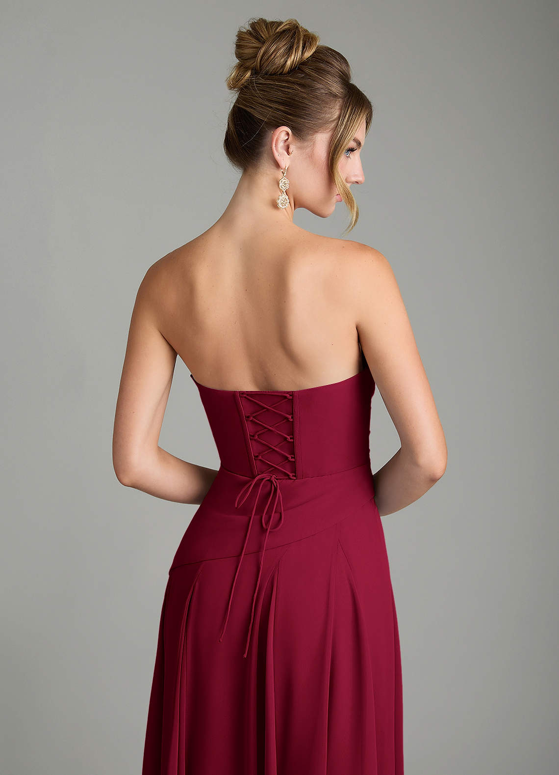 Azazie Gabriela At-home Try On Dresses Burgundy A-Line Corset Chiffon Dress image10