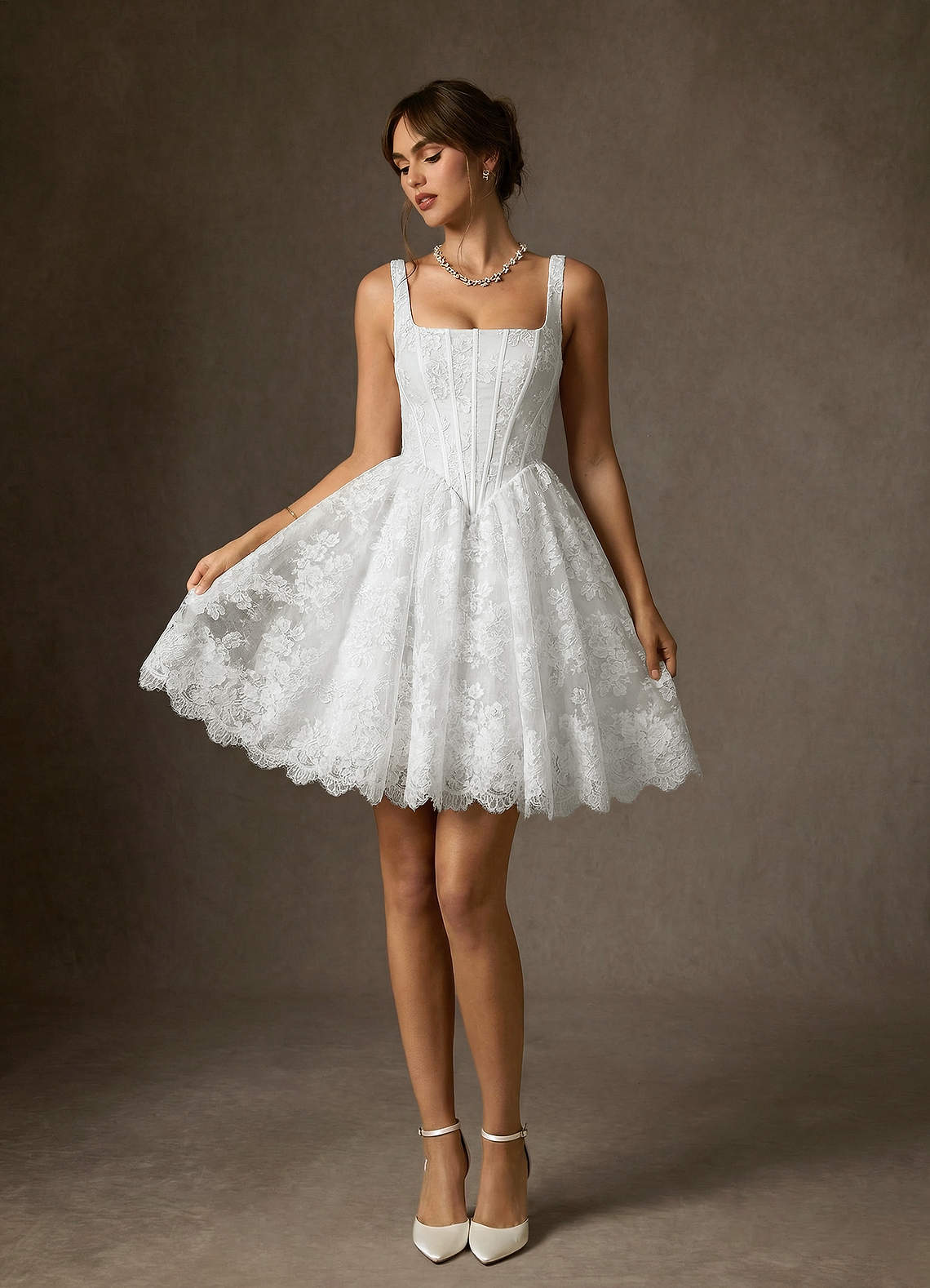 Azazie Nolicia Wedding Dresses Diamond White Ball-Gown Square Neckline Lace Dress image2