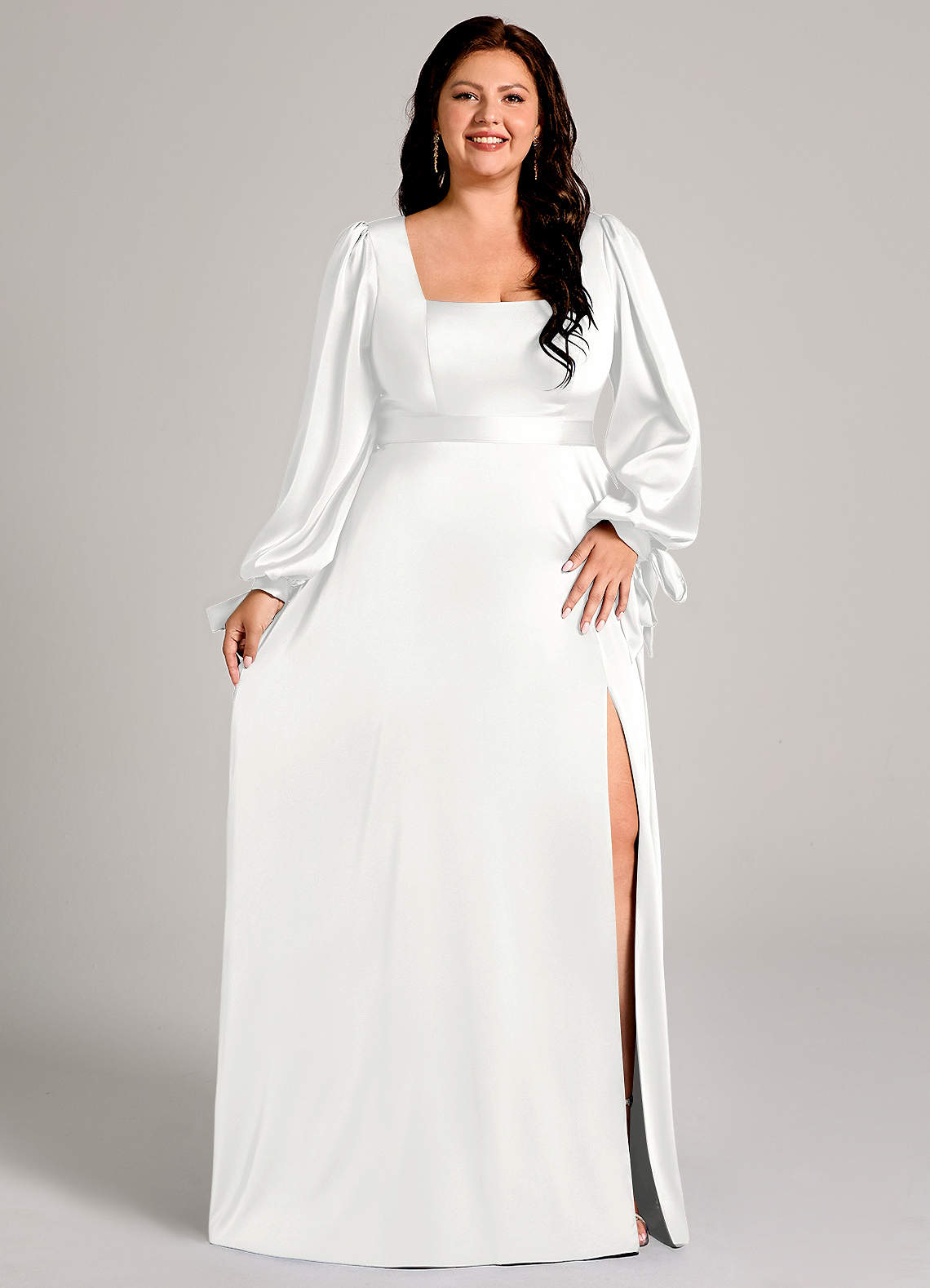 Azazie Leonia Abiti da Damigella Abito A-Line in Raso Elasticizzato Manica Lunga Bianco image10