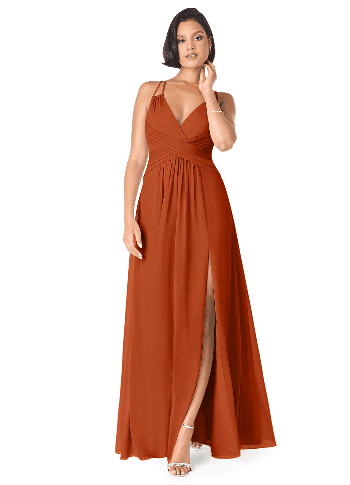 Azazie Farren Bridesmaid Dresses Burnt Orange A-Line Pleated Chiffon Convertible Dress image1