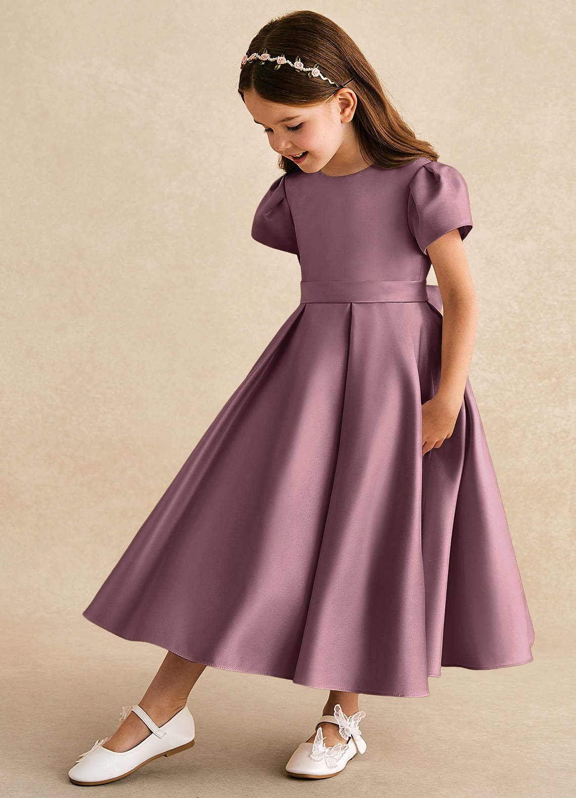Azazie Princess Flower Girl Dresses Vintage Mauve A-Line Pleated Matte Satin Dress image1