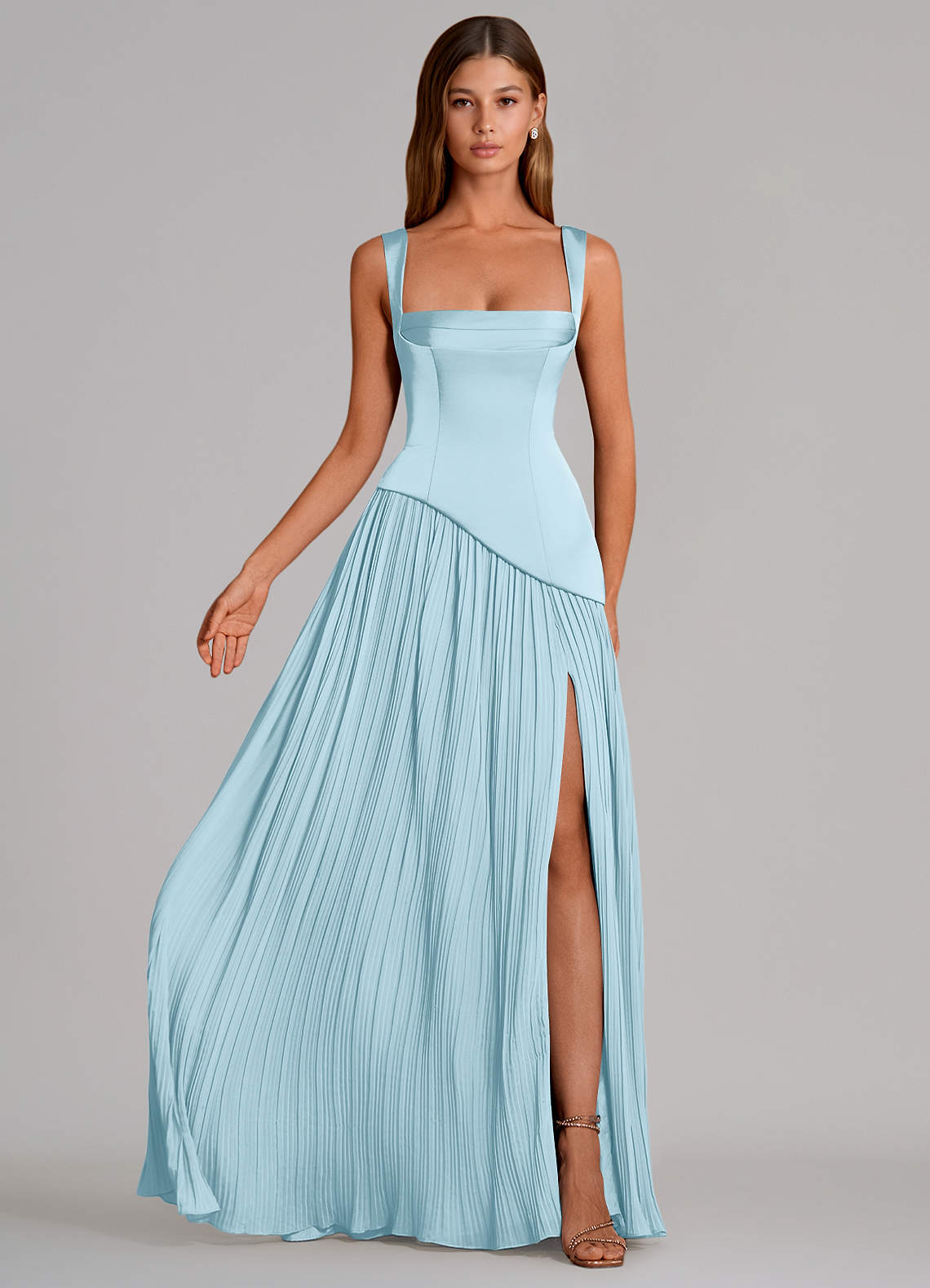 Azazie Stephanie Vestidos de madrinha de casamento Vestido Céu Azul de Cetim elástico de Linha A com Plissado image3