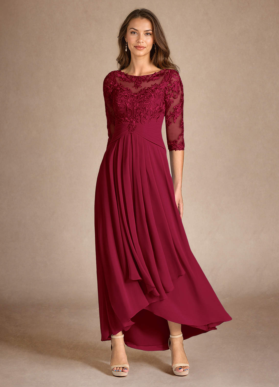 Azazie Marietta Mother of the Bride Dresses Burgundy A-Line Lace Dress image1