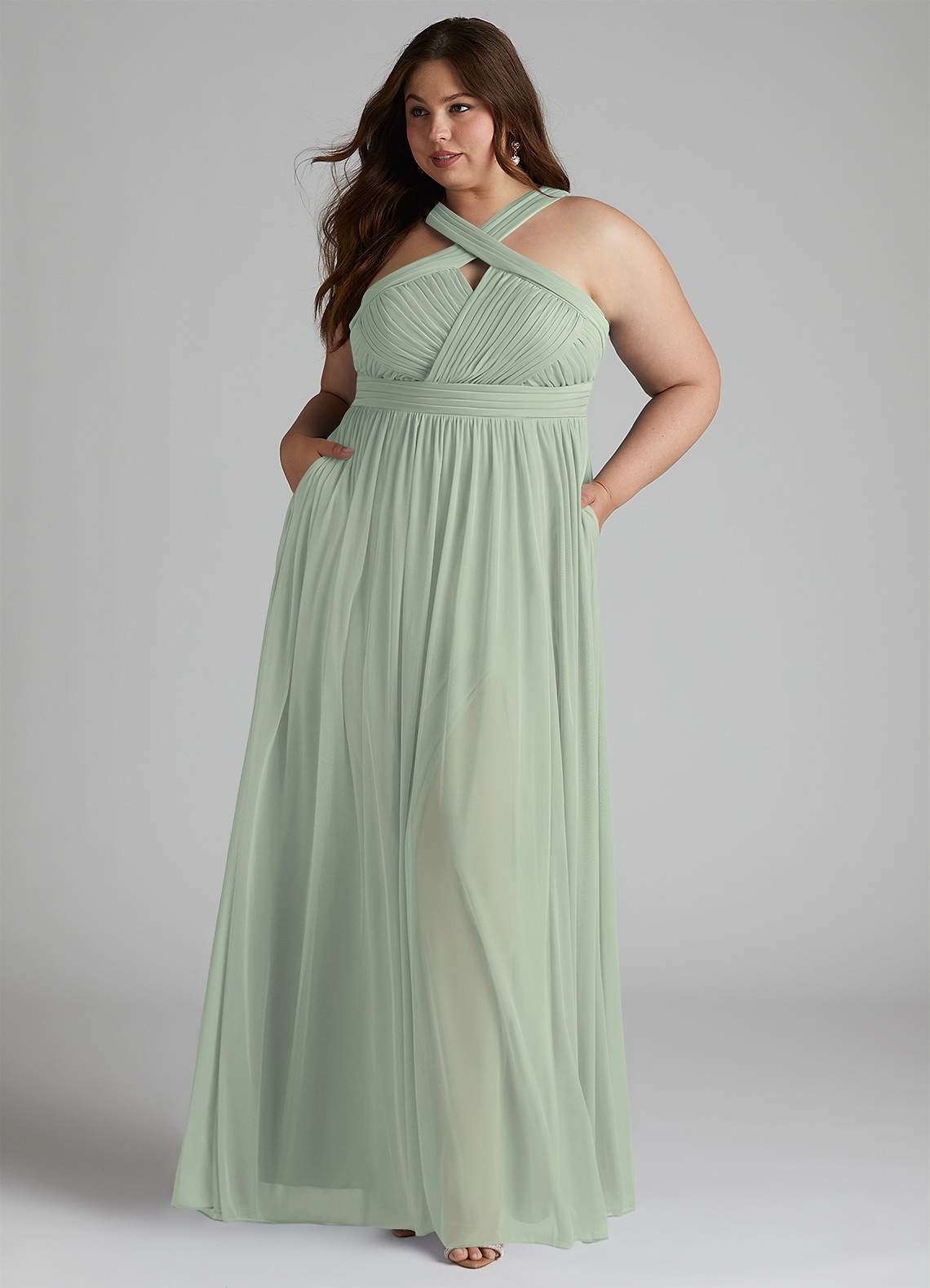 Azazie Hillian Bridesmaid Dresses Dusty Sage A-Line Halter Pleated Mesh Dress image1