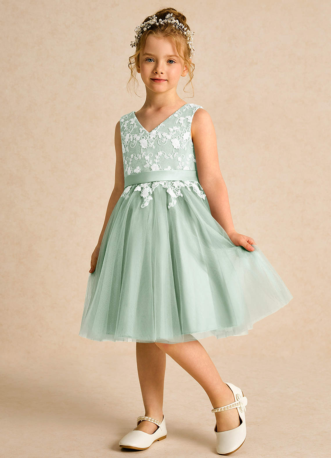 Azazie Butterfly Flower Girl Dresses Agave A-Line Lace Dress image3