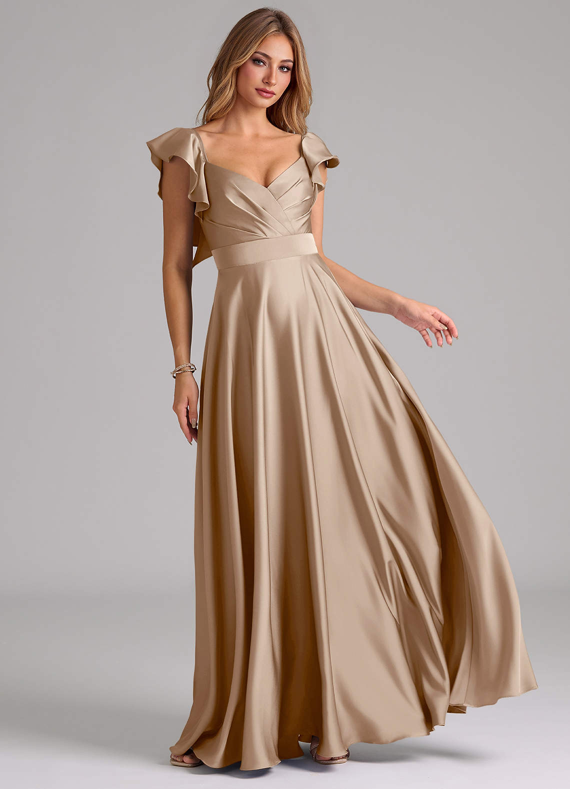 Azazie Leilani Brautjungfernkleider A-Linie Gestreift Stretch-Satin Kleid Taupe image1
