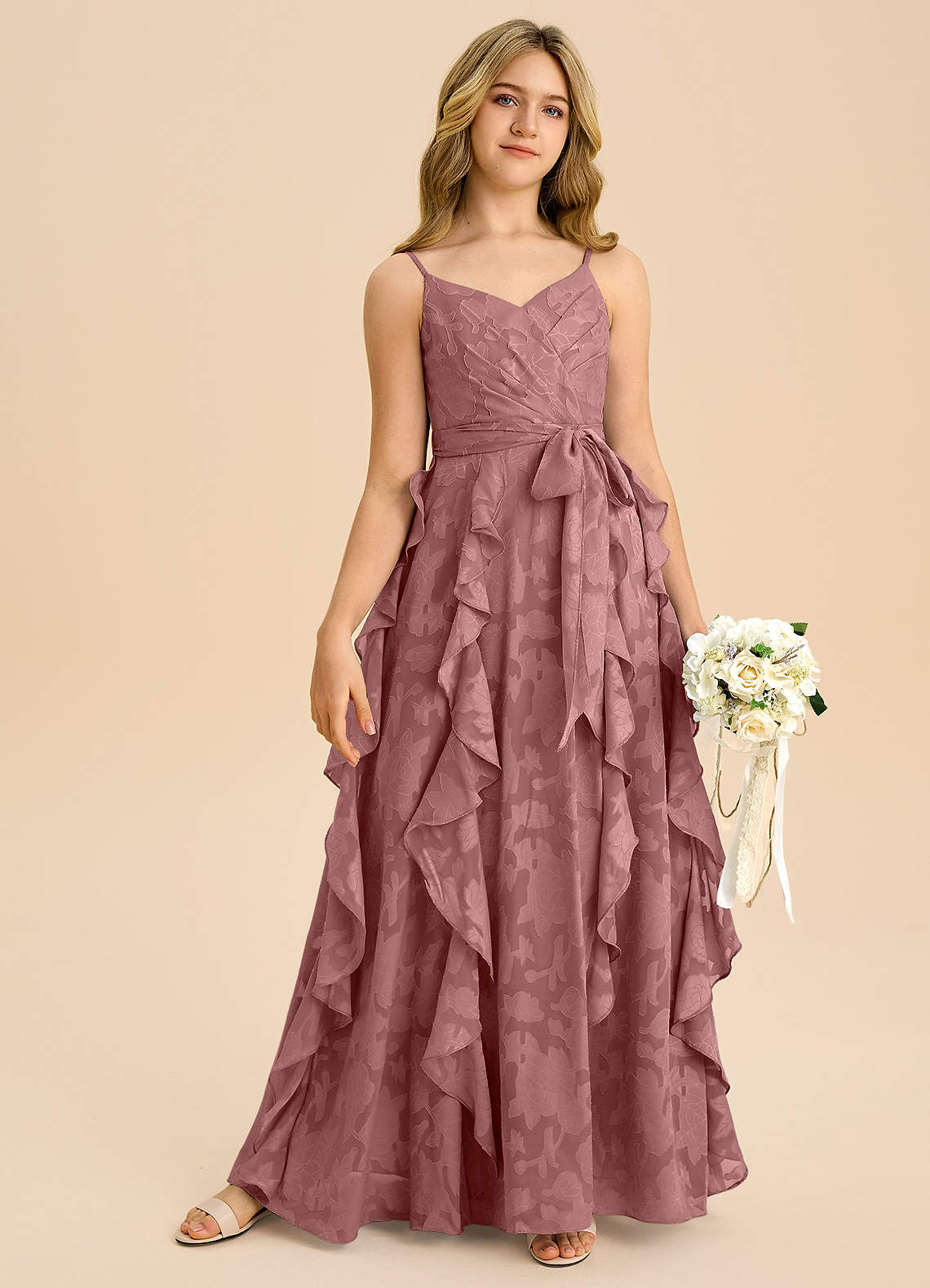 Azazie Peyton Junior Linia A Pofałdowany Kwiatowe wypalenie Długość podłogi Młodsza druhna Sukienka image5