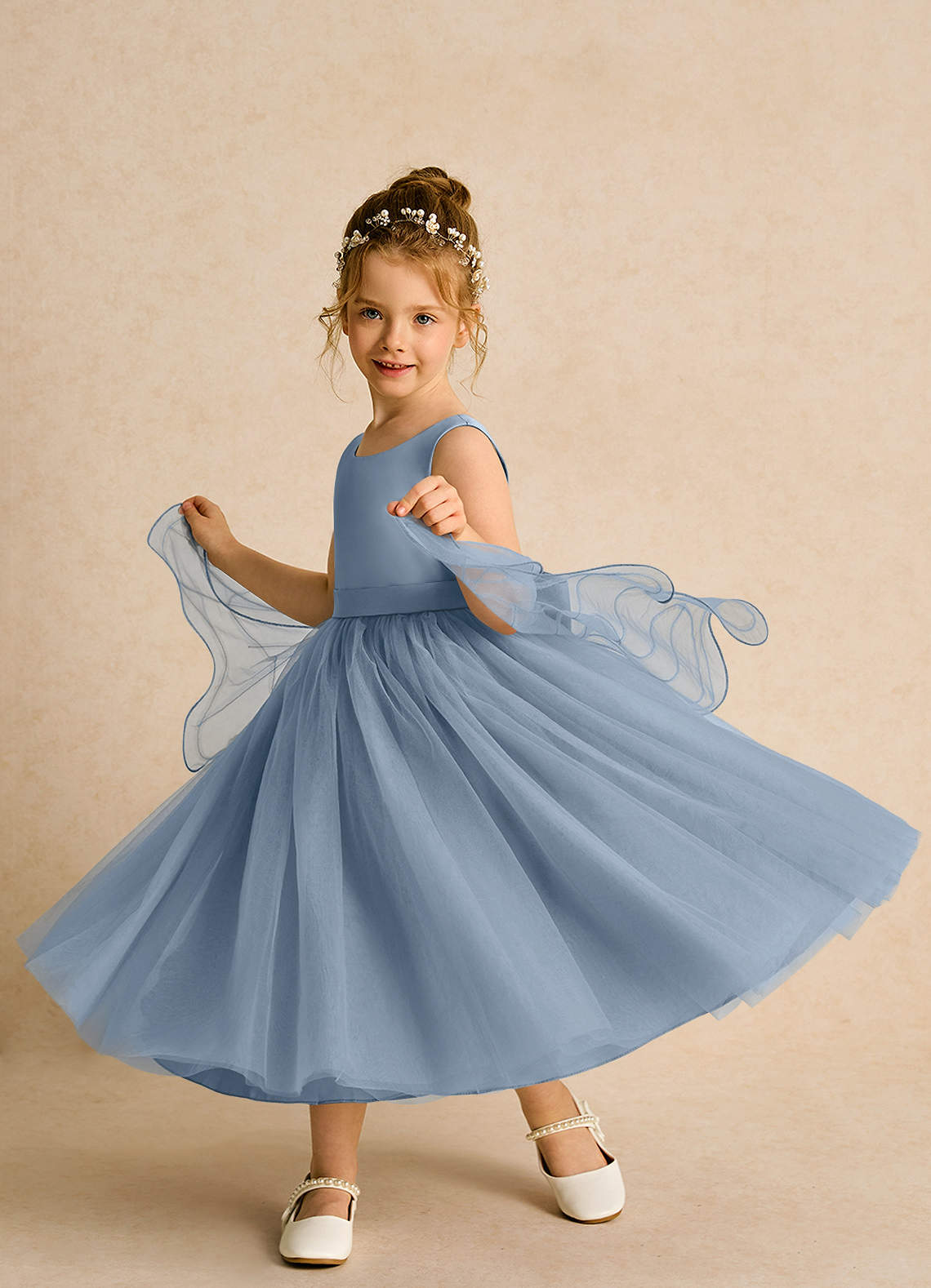 Azazie Pear Dusty Blue Ball-Gown Bow Tulle Dress | Azazie