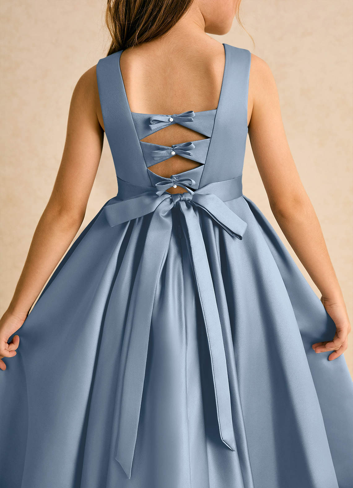 Azazie Junebuj vestidos de niña de las flores Vestido de Azul Polvoriento de Satin Mate de Princesa con Plisado image6