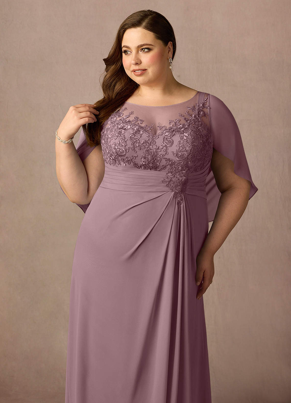 Azazie Hera Mother of the Bride Dresses Dusty Rose A-Line Lace Capelet Chiffon Dress image10